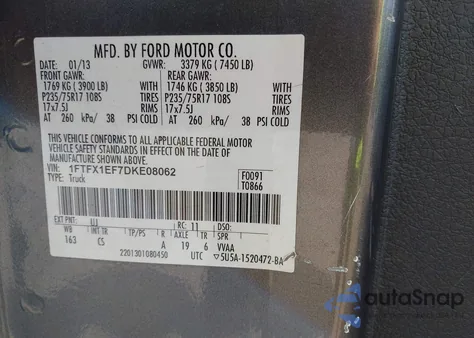 2013 Ford F-150 Xl из США, поврежденный, VIN 1FTFX1EF7DKE08062